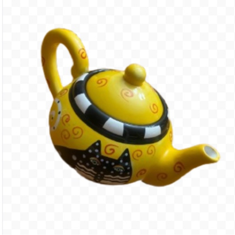 Laurel Burch Vintage 1998 Ceramic Polka Dot Cat Teapot Yellow/Black - Picture 3 of 14